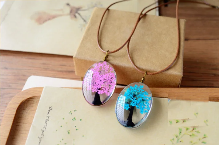 Natural Dried Flower Life Tree Pendant Necklaces for Women