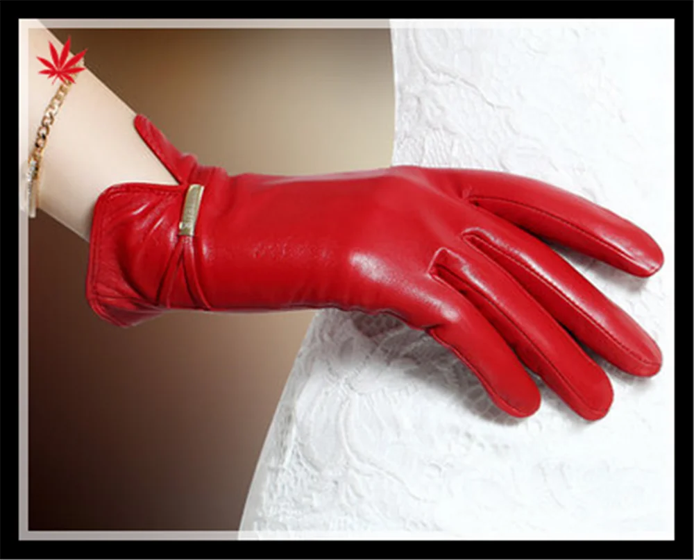 Lady's colorful finger trimmed genuine leather gloves