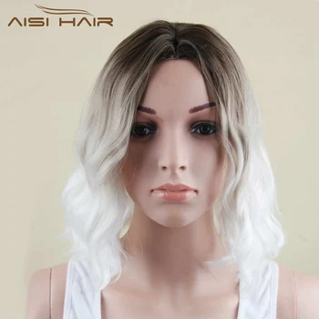 Aisi Hari Short Wavy Ombre Brown White Bob Wigs Synthetic Short