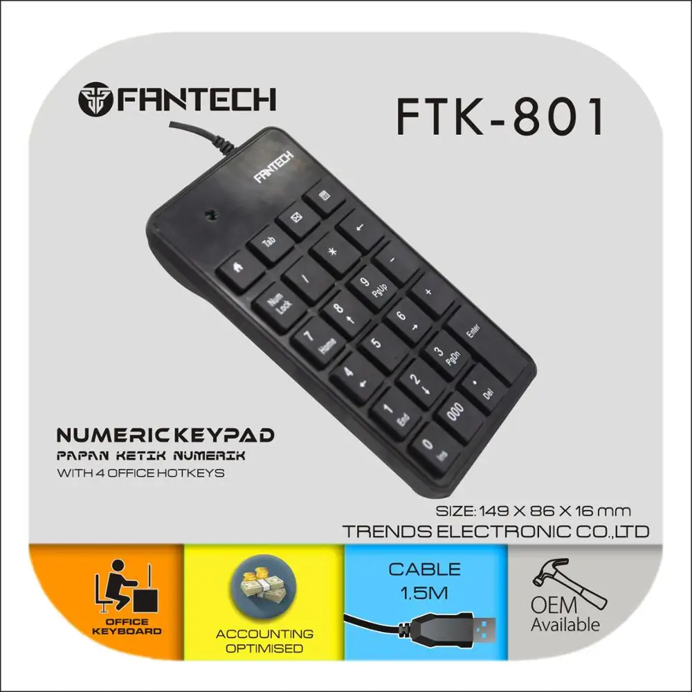 Fantech wired USB Numeric Keypad keyboard Number Pad 18 Keys Mini Digital Keyboard Laptop computer pc