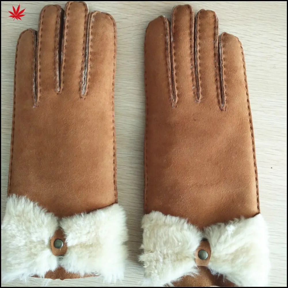 women's double face sheepskin leather gloves with button