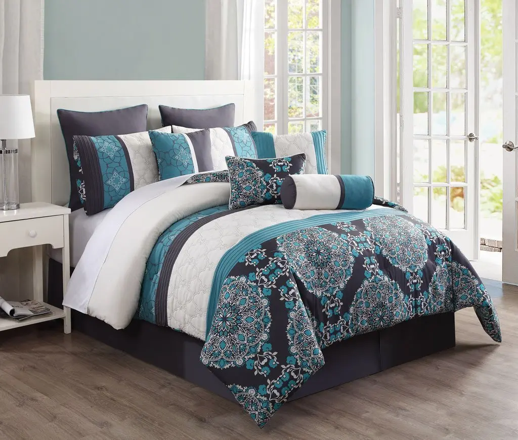 Buy KingLinen 10 Piece Queen Justine Charcoal and Teal Reversible ...