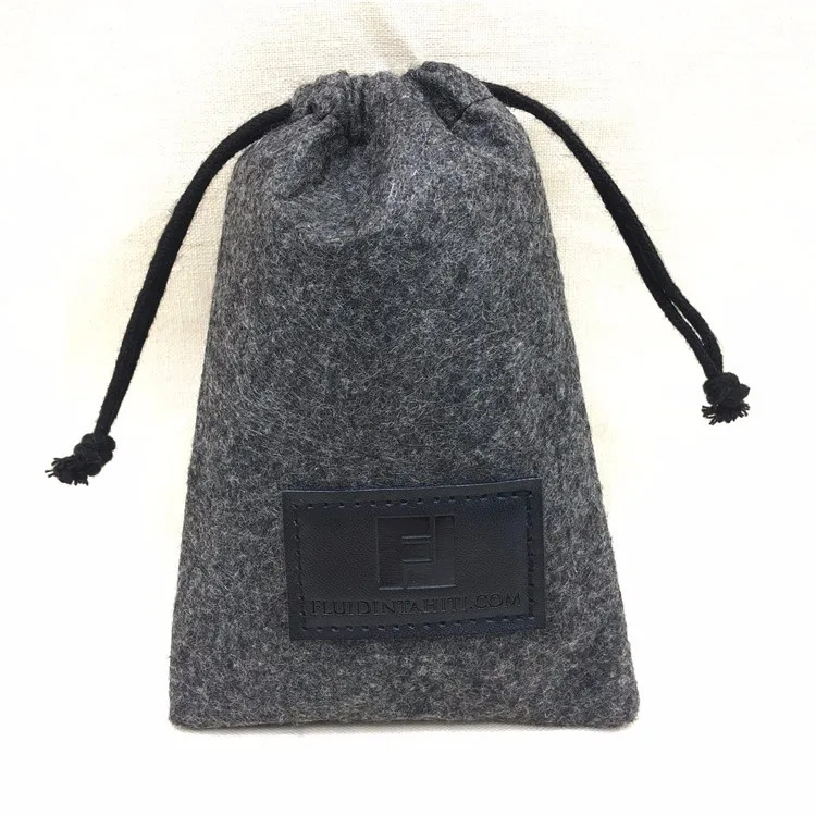 Custom Grey Felt Gift Drawstring Pouch Bag With Leather Label Buy