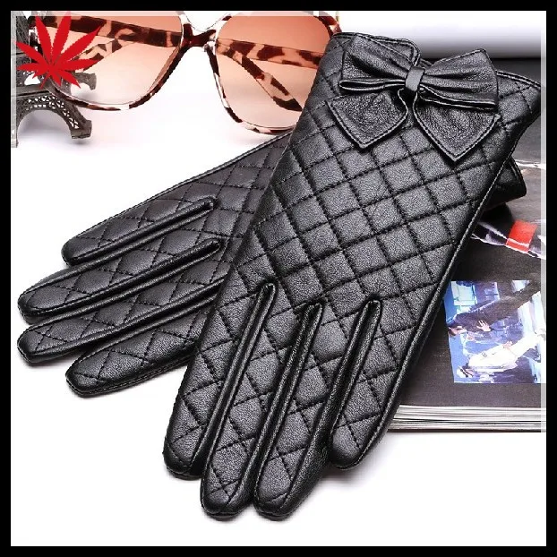 women's quilting seam back leather gloves with bow details