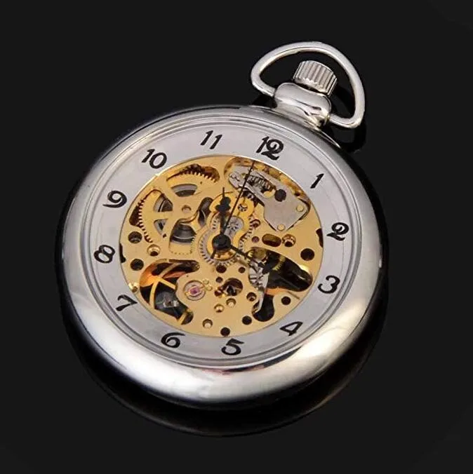 Silver Open Face Mechanical Hand Winding Skeleton Mens Watch Clock