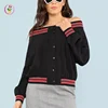 New Fashion Striped Trim Button Up Off Shoulder Black Jacket Women Warm Autumn Bomber Jacket