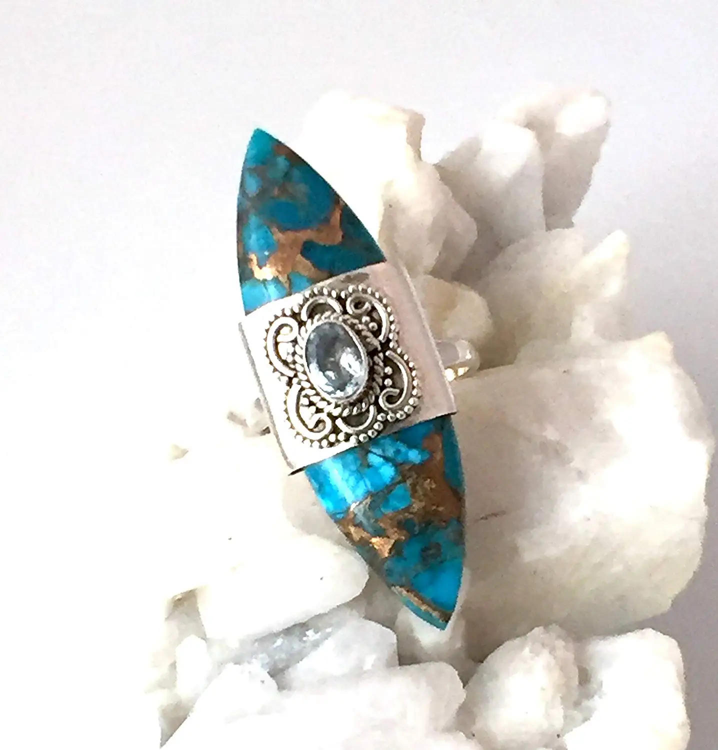Sz 7.5, Genuine Arizona Blue-Copper Mohave TURQUOISE and Sky Blue Topaz Gemstone, 925 Sterling Silver, Designer Marquise Ring (1.7" Long) Jewelry.