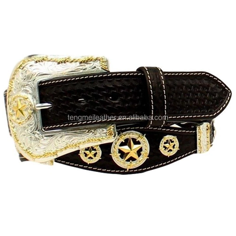 Black western men scalloped genuine leather star concho belts