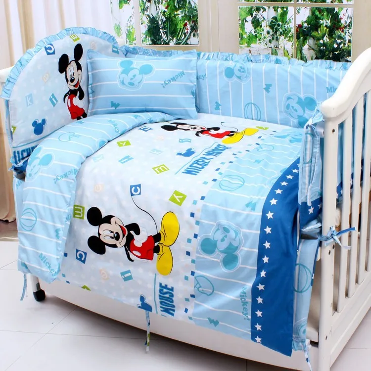 Promotion 7pcs Mickey Mouse crib baby bumper cot bedding sets baby fleece blanket newborn bumper duvet