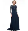 Navy Blue Chiffon Bateau Neckline A-line Mother Of The Bride Dresses Beaded Long Sleeve 2018 Mother Party Gowns