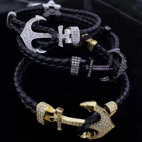 Wholesale Stainless Steel Handmade Weave Leather Anchor CZ Stone Bracelets