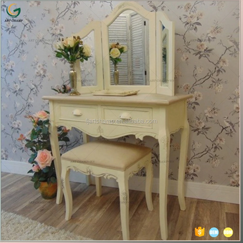White Carved Wooden Girl Dressing Table With Full Length Mirror