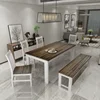 No.2402 Solid Pine Wood Dining Table With Chairs & Bench in teak and white color