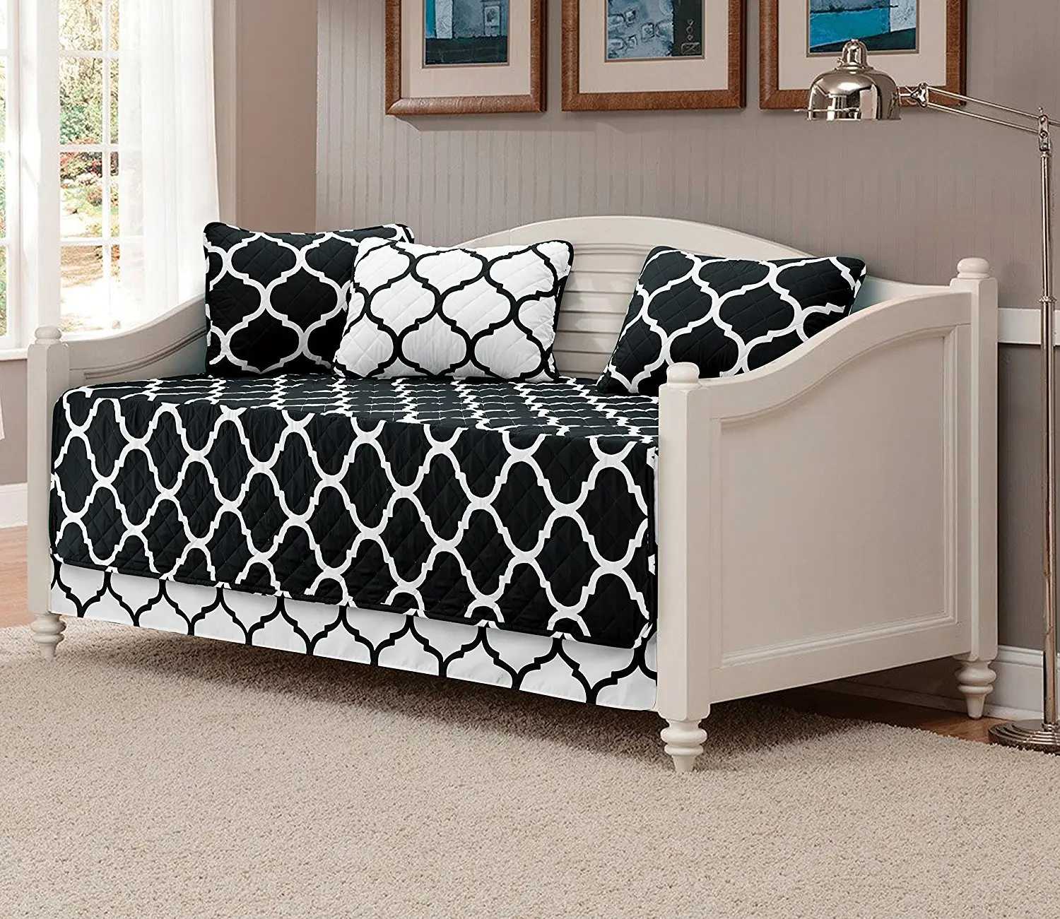 Fancy Collection 5pc DayBed Quilted Bedspread Coverlet Set Modern Geometric Black/White New
