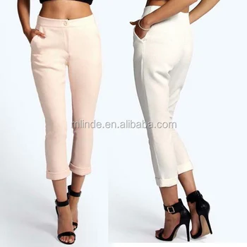 Ladies Fashion Trousers Design Plain Textured Fabric Buttoned