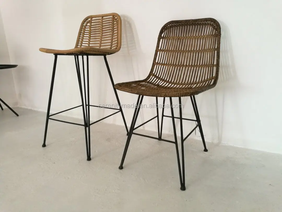 Modern Plastic Weaving Rattan Furniture Stool Chair With Metal Legs