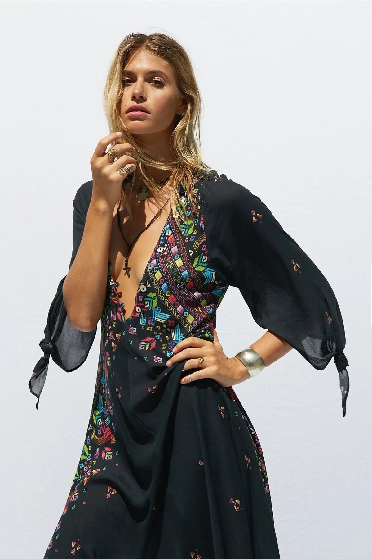 New Floral Print Fashion Bohemian V-Neck Button Dress Asymmetrical Long Dress