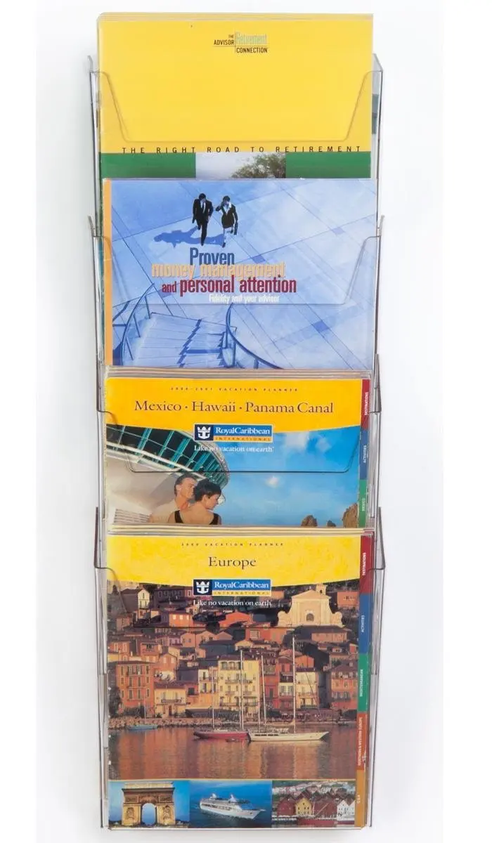 Displays2go 9" w x 26" h x 4.5" d 4-Pocket Literature Rack for Wall Mount, Acrylic Construction, Fits 8.5 x 11 Publications – Clear (RM9HF)