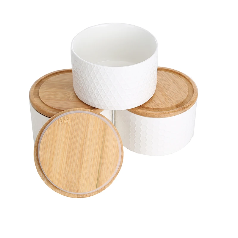 Wholesale White Ceramic Containers With Bamboo Lid,Round Shape Ceramic