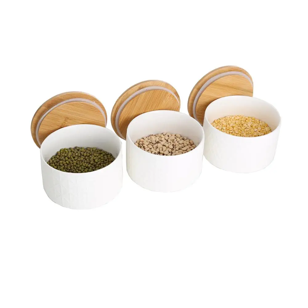 Wholesale White Ceramic Containers With Bamboo Lid,Round Shape Ceramic