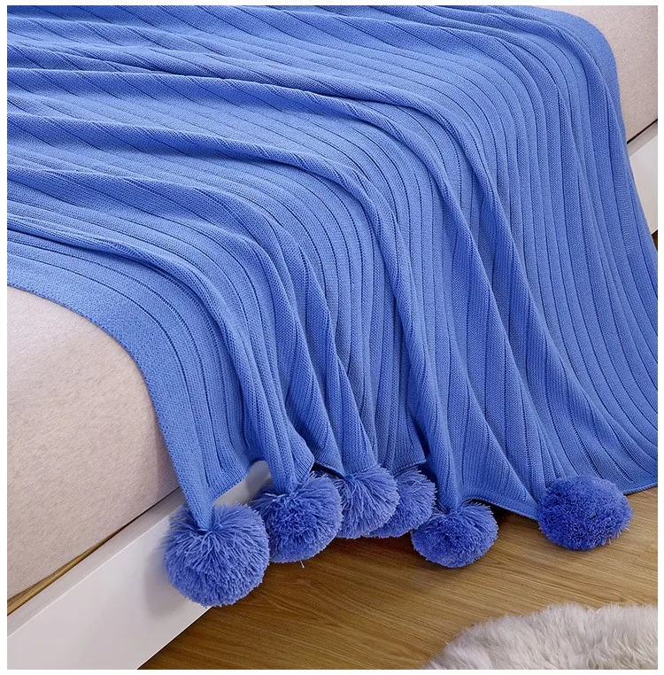 5 Colors Knitted Cotton Afghan Baby Blanket With Pom Poms Buy Blanket