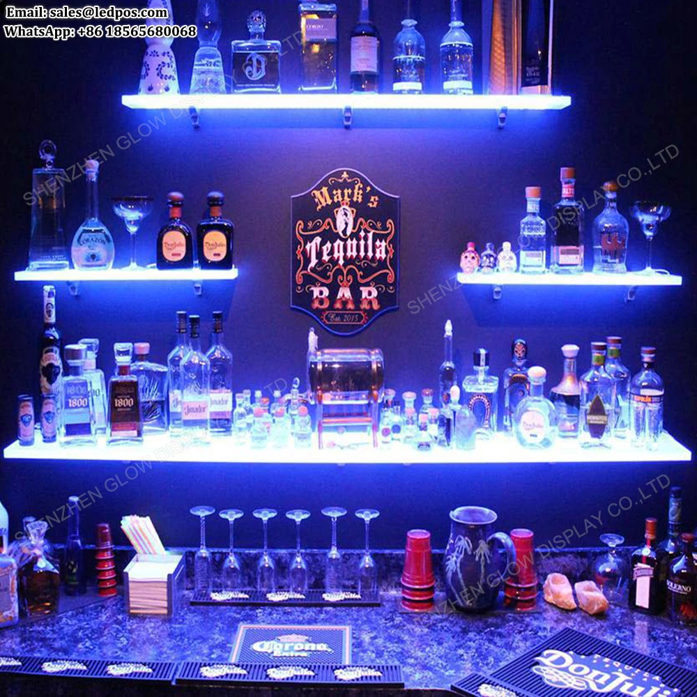 D&F LED Lighted Liquor Shelf 1 Tier Lighting Bottle Display Stand Illuminated Home and Commercial Bar Shelves/Rack with Remote Control 