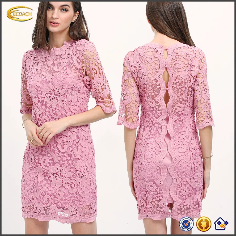 New Design Lace Evening Dress Elegant 3/4 Sleeve Purple Button Down