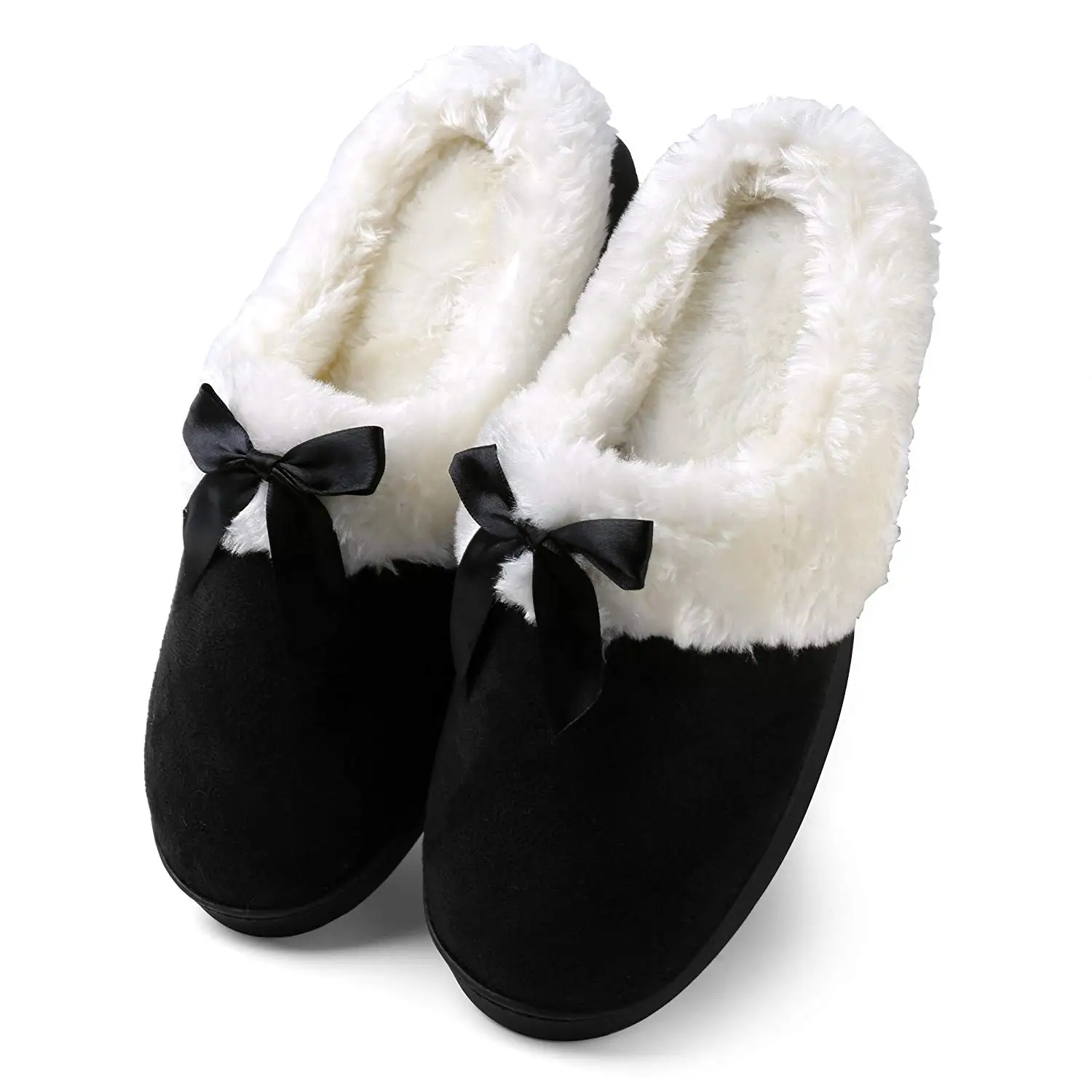 Aerusi Women's Suede Plush Bow Close Toe Memory Foam Indoor Slip On Clog Slipper Bedroom Indoor House Scuff Shoes
