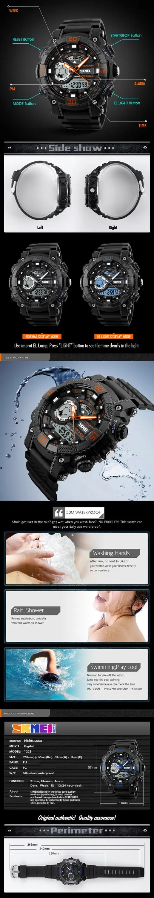 1228 SKMEI Men Outdoor Sport Digital Watches LED Dual Display Alarm Clock Waterproof Military Wristwatches Relogio Masculino
