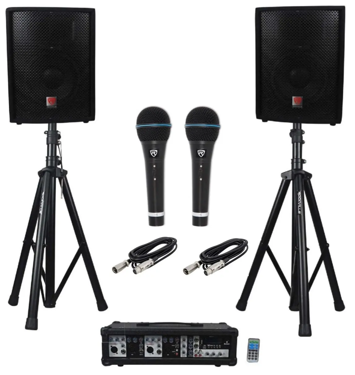 Rockville RPG2X10 Package PA System Mixer/Amp+10" Speakers+Stands+Mics...