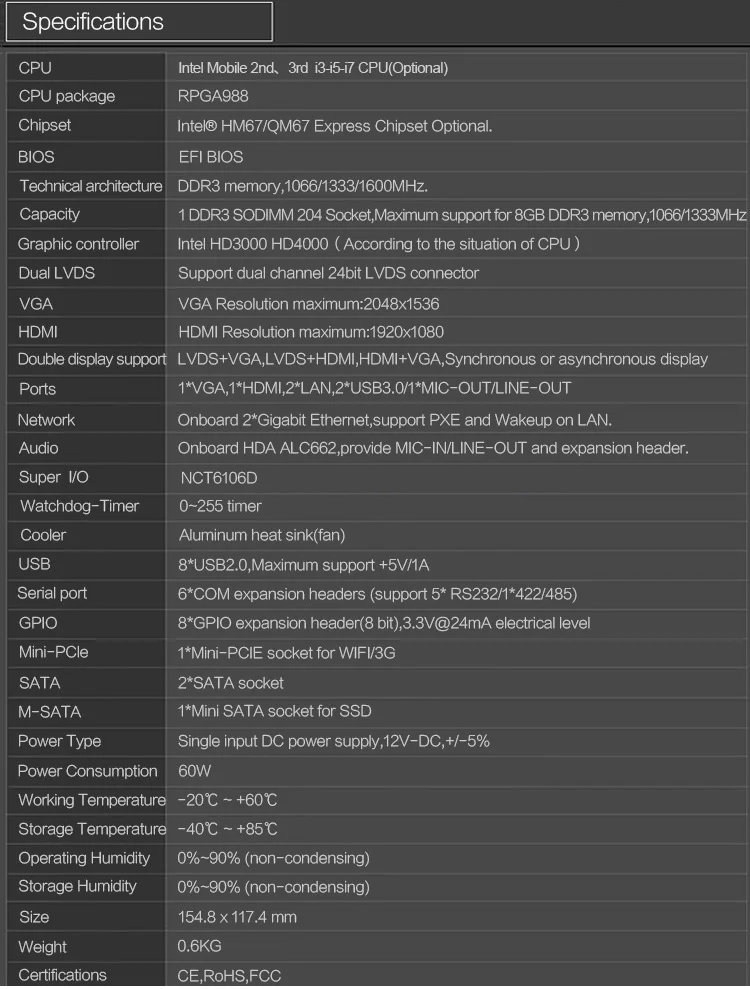 Intel Qm67/hm67 Chipset Motherboard With Processor I52410m,2*ataii,6* Com,Support Synchronous