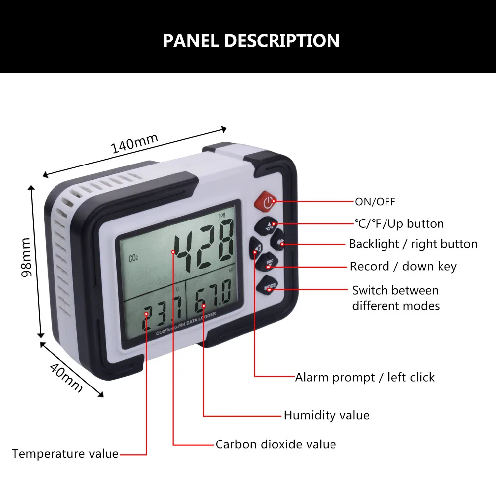 HT-2000 Digital Carbon Dioxide Detector CO2 Analyzer Air Quality Detector Temperature and Humidity meter