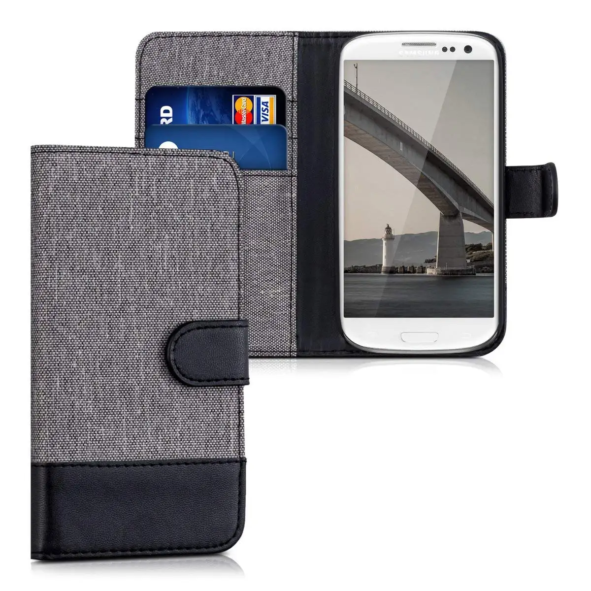 Fabric and PU Leather Flip Cover with Card Slots and Stand Dark Blue//Black kwmobile Wallet Case for Samsung Galaxy S7