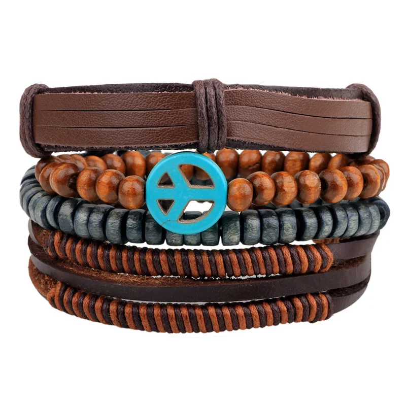 Wholesale Leather Bracelet Handmade Natural Wood Beads Elastic Bracelet