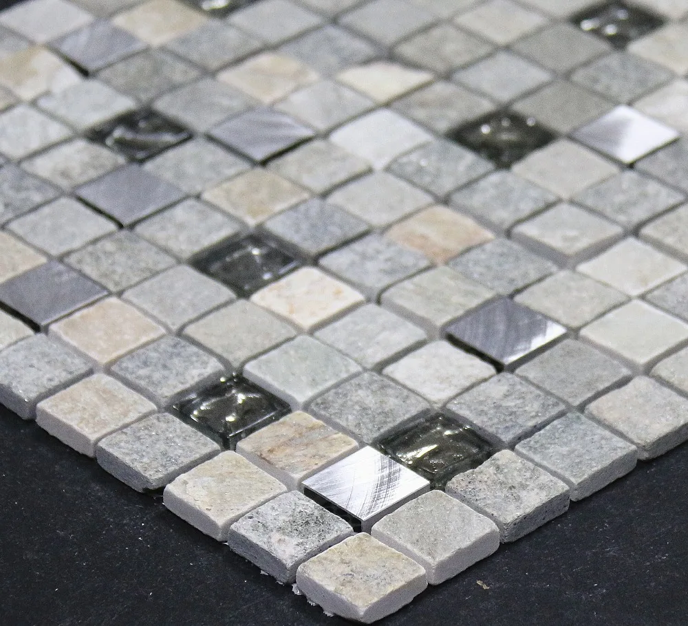 BSS078 Trendy rustic 3D aluminium glass and stone mosaic tiles for wall kitchen backsplash
