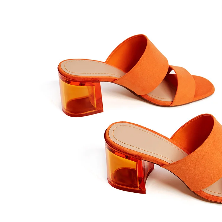 2018 Simple Orange Suede Women Shoes Clear Chunky Heels Slipper Sandals ...