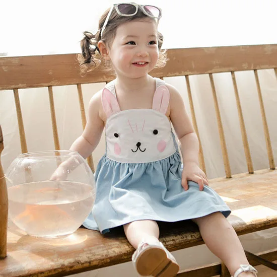 2016 Kids Girl Summer Sleeveless Dresses Baby Toddler Clothes Children Shoulder Rabbit Dress Lovely Bunny Overalls