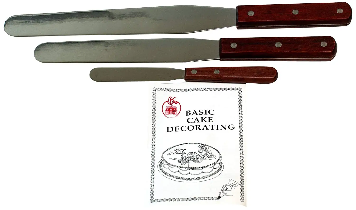 Cybrtrayd BUN3SWS Set of 3 Straight Wood-Handled (4.25-Inch, 7.75-Inch and 9.25-Inch) Cake Decorating Spatulas Plus Cake Decorating Instruction Booklet