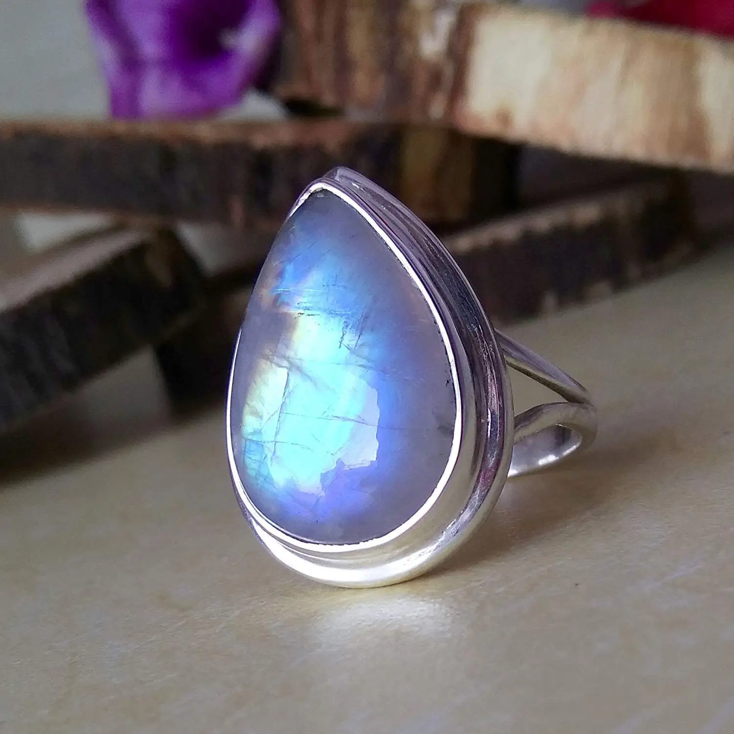 925 STERLING SILVER BLUE FIRE RAINBOW MOONSTONE JEWELRY SOLITAIRE CHRISTMAS RING