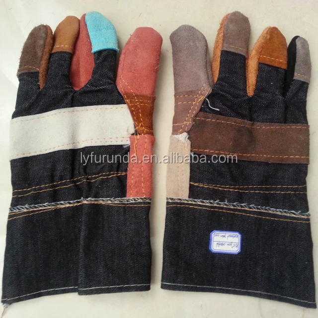 10.5" cow split leather and jeans working gloves with reinforced palm