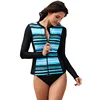 2019 Women Plus Size Blue Striped Long Sleeve Front Zip Rashguard Swimsuit