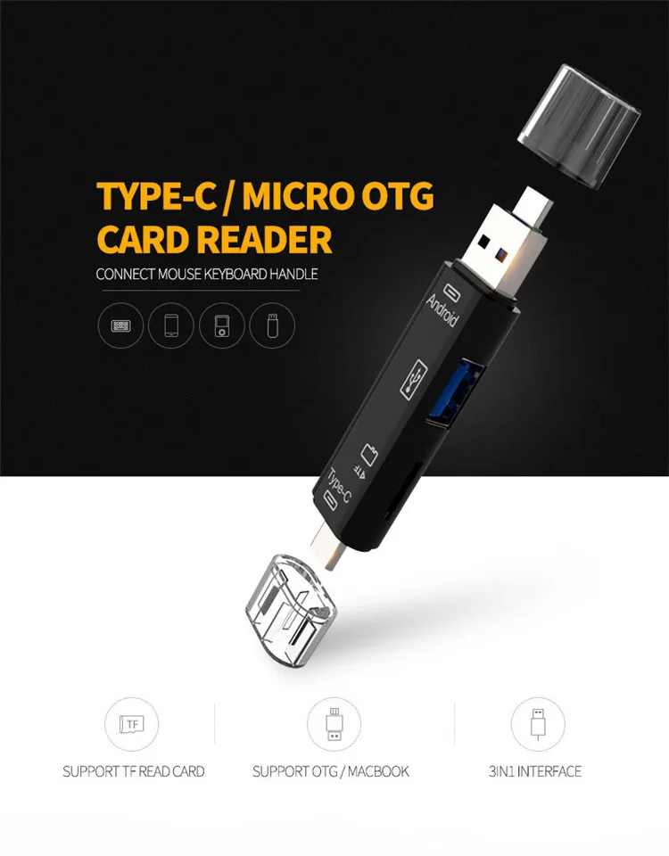 DKQ05 3 in 1 USB 2.0& Type C & Micro USB OTG TF Memory Multi Magnetic Card Reader for Samsung Huawei - ANKUX.COM