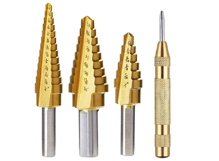 3Pcs Inch Three Flats Shank Titanium HSS Step Drill Bit Set with Automatic  Punch for Metal and Wood Drilling