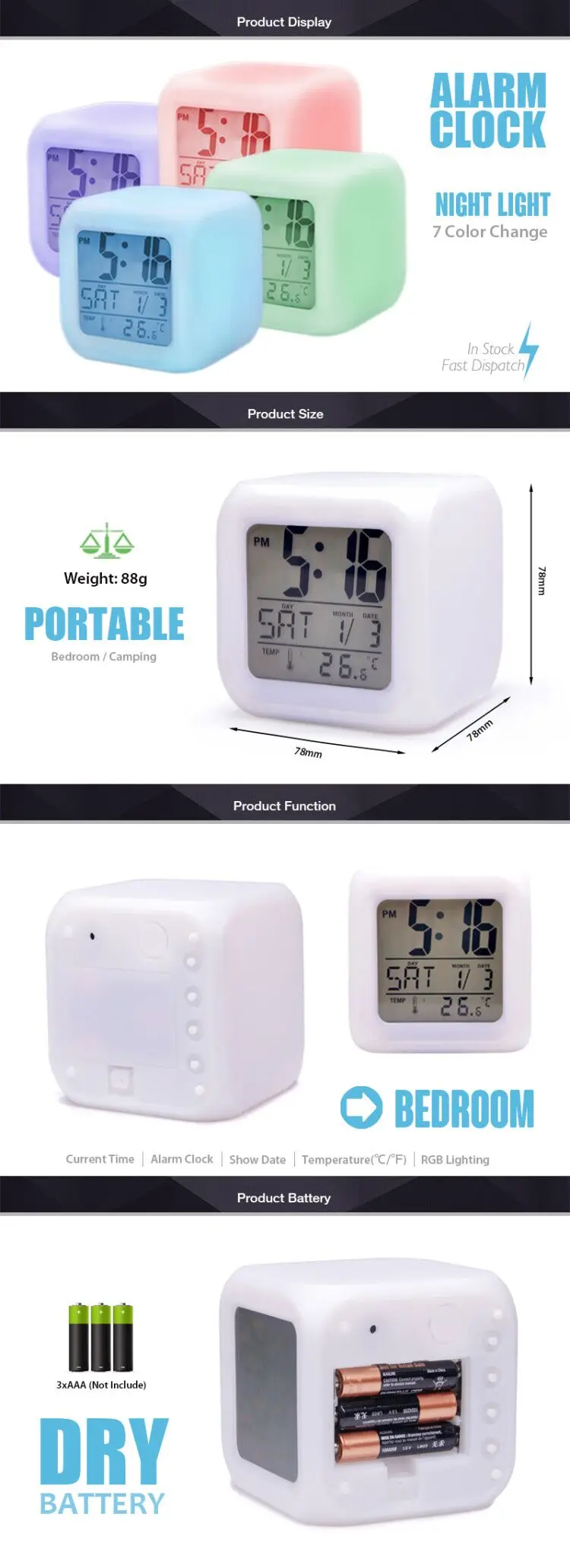 PETSOLA Numérique 7 LED Changement De Couleur LCD Alarm Clock Thermomètre Bureau 