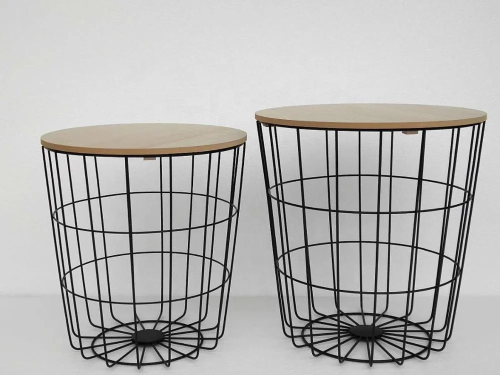 Retro Black Metal Wire Wood Top Storage Round Side Table Basket Home Furniture 