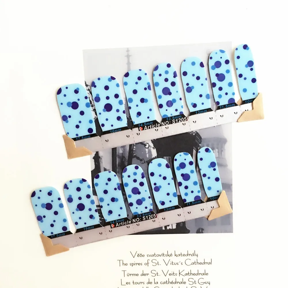 Abstract Blue Dots Nail Arts Stickers 14 pcs set Full Tape Patch Waterproof Foils Decals Polish