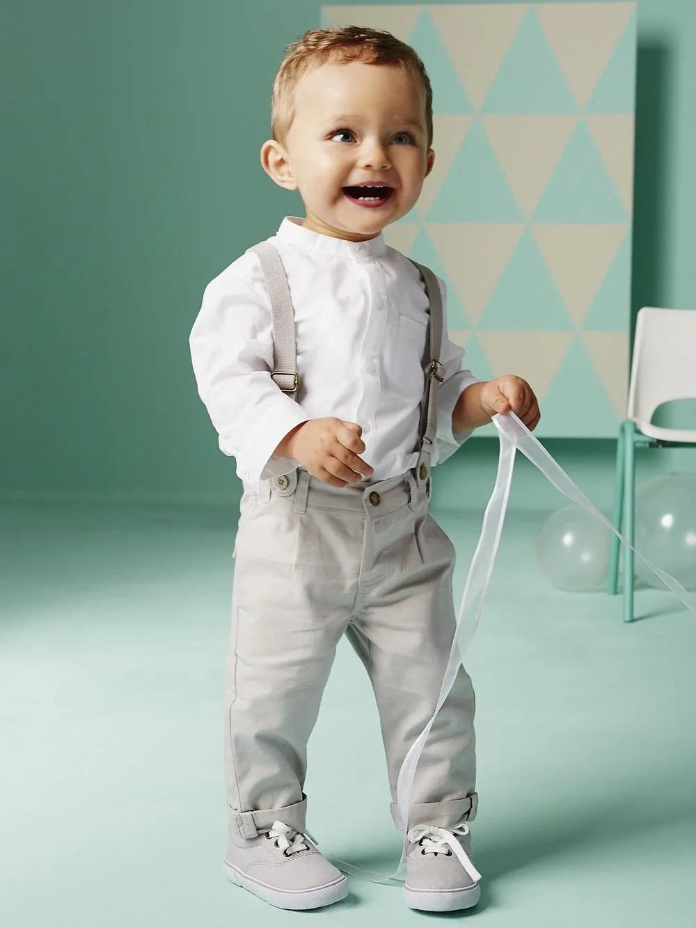 Boys Long-sleeved White Shirt + Beige Strap Trousers Outfit Suit ...