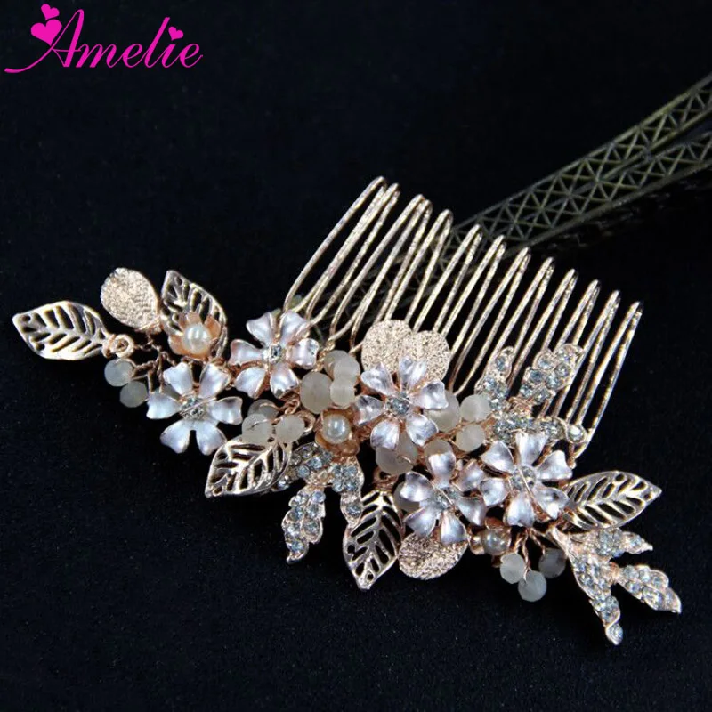 Boho Hair Accessories Rose Gold Bridal Hair Comb Rhinestone Flower