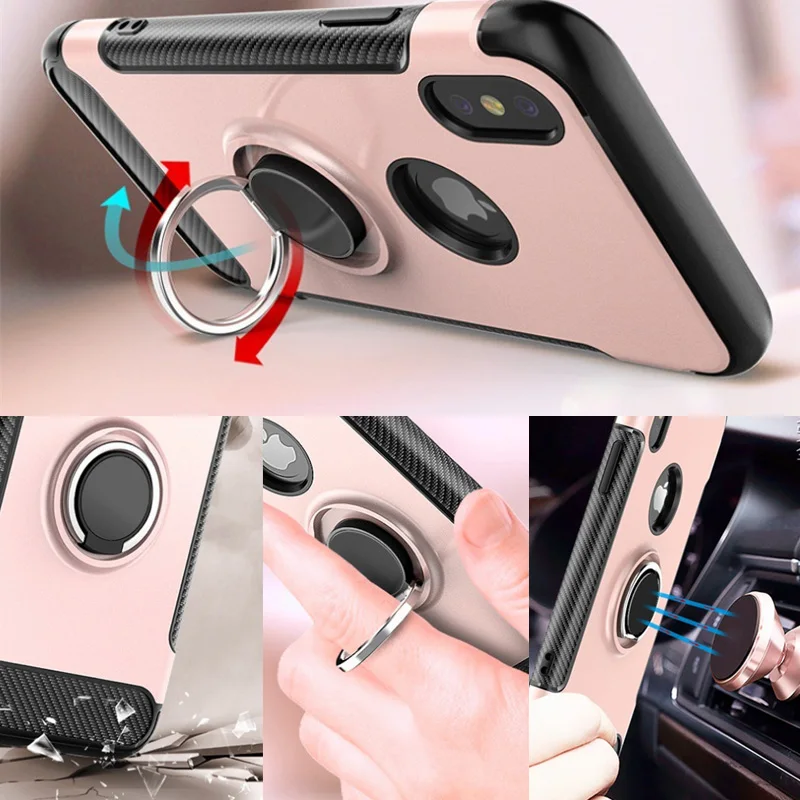 Anti-drop rotating ring bracket Car Magnetic Case for iPhone 360 protective Back carbon fiber cover