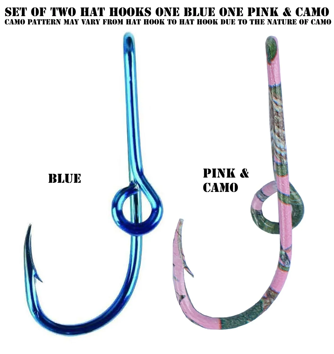 Two Eagle Claw Pink & Camo and Blue Hat Hook Fish hook at Pin for Hat Fish Hook Tie Clip - Set of Two Hat pins one Pink & Camo and one Blue